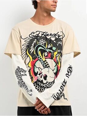 Ed Hardy Cobra Skull Cream Graphic Long-Sleeve Layered T-Shirt